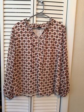 Talbots Cream Blouse with Brown and Rust Medallion Print